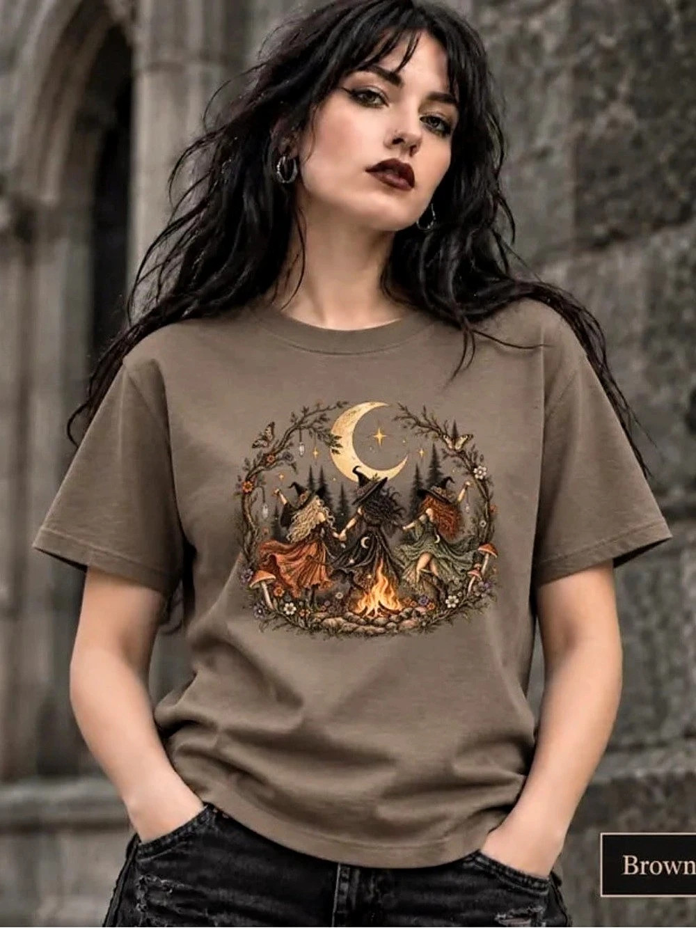 Retro Horror Witch Dancing Halloween Graphic lTee in Brown, Spooky Season Sweats